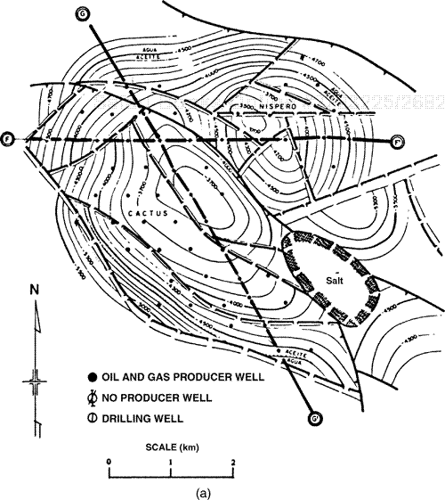 (a) Structure map of the Middle Cretaceous, Cactus-Nispero Field, Southern Zone, Mexico. The structure is a salt-cored structure cut by normal and reverse faults. (b) Geologic cross section F-F′ through the Cactus-Nispero Field. (c) Geologic cross section G-G′ through the Cactus Field.