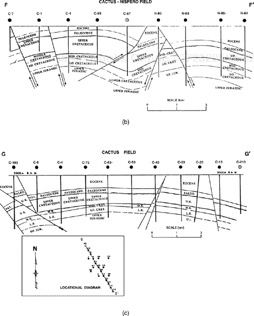 (a) Structure map of the Middle Cretaceous, Cactus-Nispero Field, Southern Zone, Mexico. The structure is a salt-cored structure cut by normal and reverse faults. (b) Geologic cross section F-F′ through the Cactus-Nispero Field. (c) Geologic cross section G-G′ through the Cactus Field.
