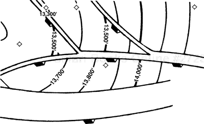 Portion of the structure map on the Nodosaria Marker illustrating a bifurcating fault system.