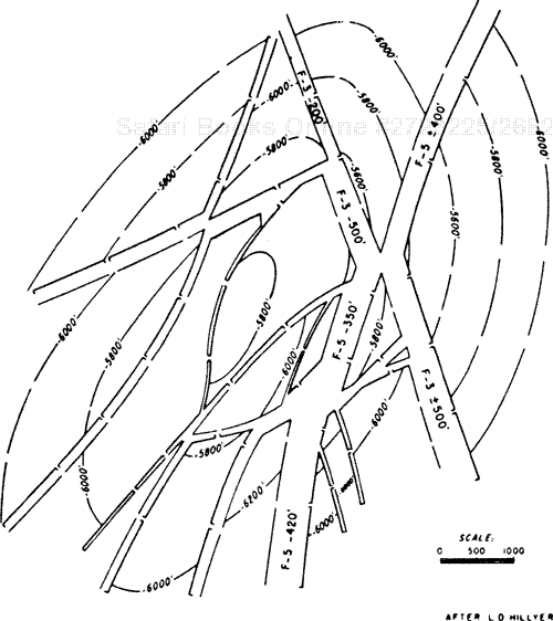 Structure contour map over a deep-seated salt dome in Texas illustrating several intersecting faults.