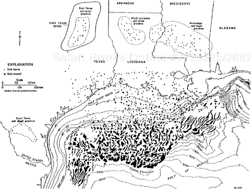 Salt structures in the Gulf of Mexico and adjacent interior basins.