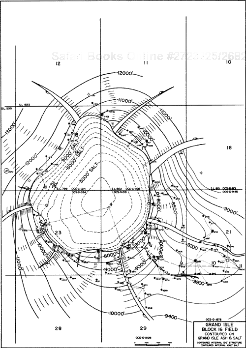 Structure contour map on the Grand Isle Ash and on the salt at Grand Isle Block 16 Field, northern Gulf of Mexico. The outline of the salt at this map level is defined by the intersection of the salt and structure contours at the same elevation.