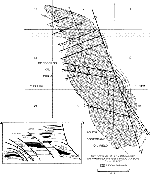 Rosecrans field structure (After California Div. Oil & Gas, 1961) shows a distinct pattern of reverse-faulted anticlinal folds oriented obliquely to the Inglewood Fault.