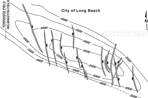 Structure contour map on the top of the Ranger Zone, Wilmington Oil Field, southern California. The normal faults in the field exhibit several patterns: (1) single, (2) compensating, (3) bifurcating, and (4) intersecting. Length of the mapped area is about 10 miles.