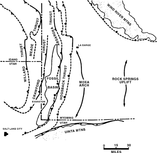Maps showing the position of the Fossil Basin in the hanging wall of the Absaroka Thrust Plate.