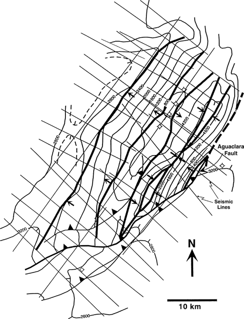 Structure contour map of the top Mirador Formation in the Medina Anticline, Eastern Cordillera, Colombia. Thick black lines are axial surface traces interpreted on seismic dip profiles, with arrows pointing in the dip direction. Thick, dashed black line represents erosional truncation at the ground surface. Contour interval is 400 msec, relative to an arbitrary datum near the ground surface.