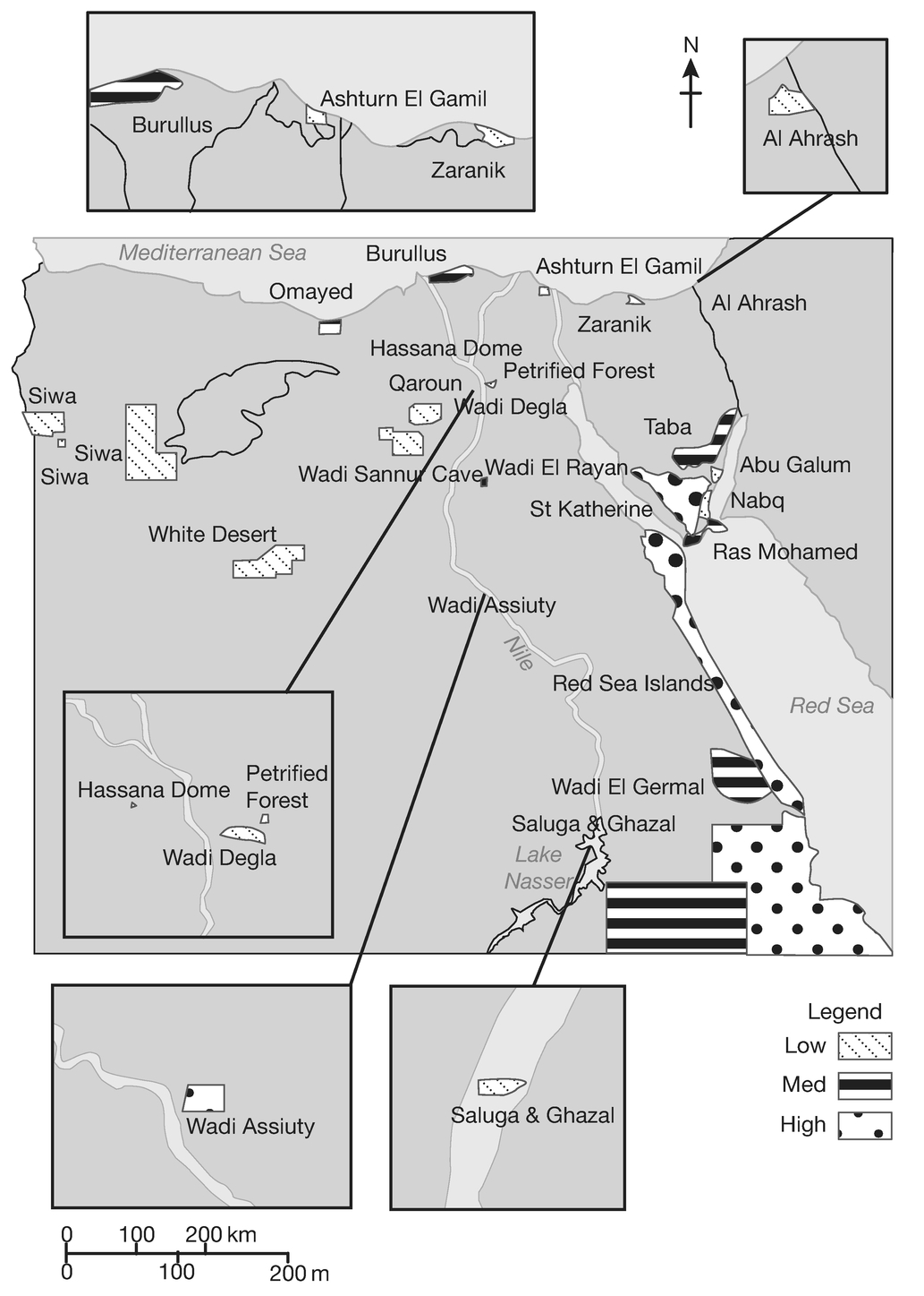 Figure 5.2 Geographic distribution of pressures and threats identified for the Egyptian system of protected areas Source: Fouda et al., 2006: 35
