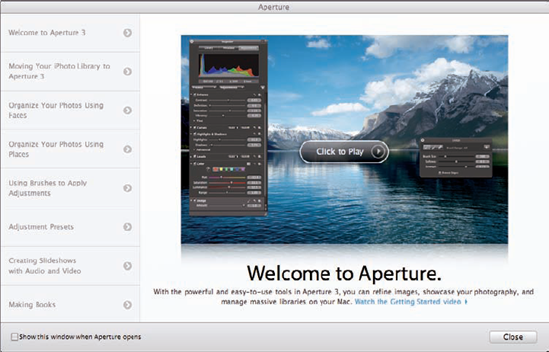 Aperture's Welcome screen.