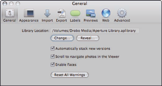 The General pane of the Preferences panel.