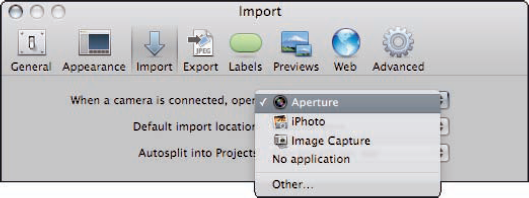 Set Aperture Preferences to automatically open the Import panel whenever a camera or memory card is connected to the computer.