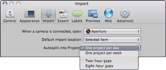 Set Preferences to split the import into new projects according to the time frame in which they were captured.