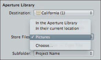 Use the Store Files pop-up menu to choose managed files or to specify where to store referenced files.