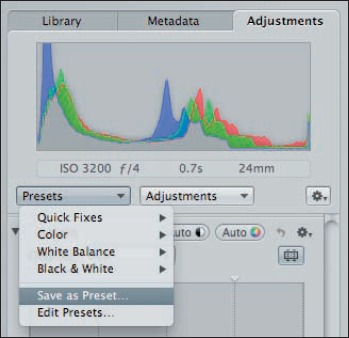 Create customized adjustment presets from scratch within the Adjustments panel in Aperture and apply them in the Import panel.