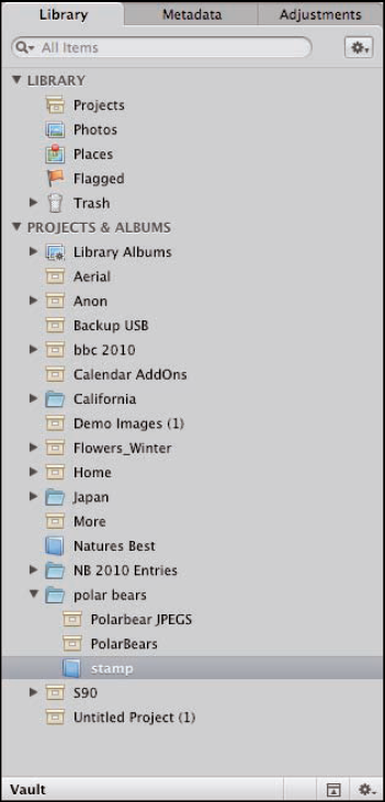 Move some projects and albums into folders to simplify the Library panel.