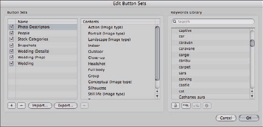 The Edit Button Sets dialog.