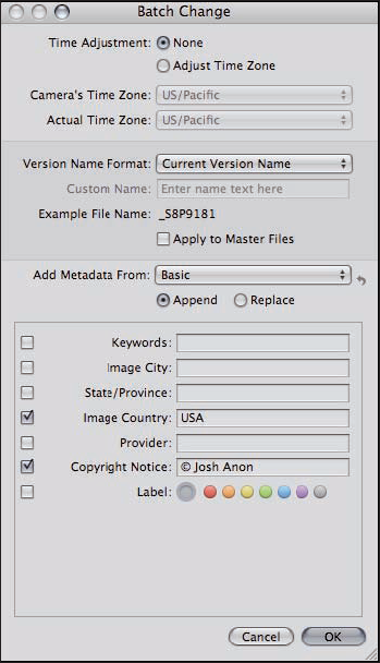 The Batch Change dialog allows you to adjust many images' metadata at once.