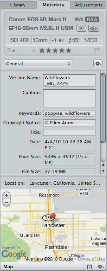 Use the map in the Metadata panel to assign locations.