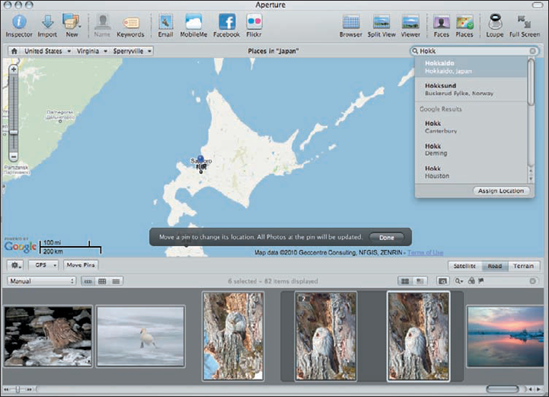 Use the search field to set the map and assign the selected images to a specific location.