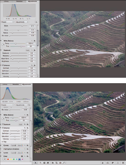 Increasing contrast by using the Contrast slider moves the black point more than the white point but can be used to boost the contrast of overly flat images.