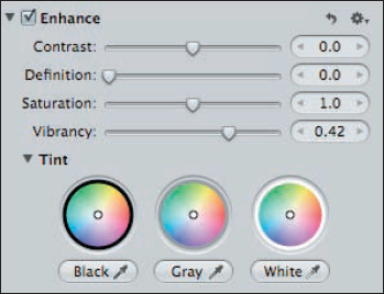 The Tint wheels enable you to alter the colorcast of the highlights, midtones, and shadows separately.