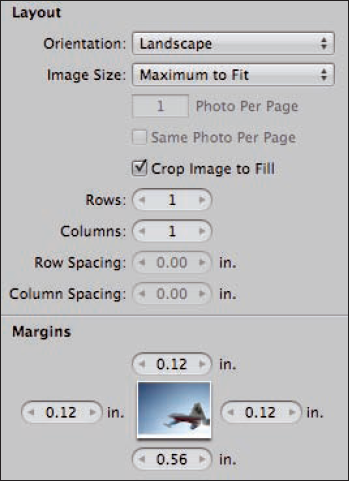 The Layout and Margins print options let you adjust where the image is on the page.