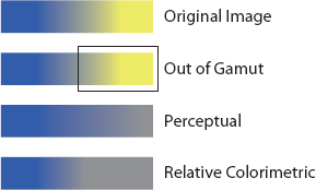 An exaggerated sample illustrating the original image and how it might be printed with perceptual or relative colorimetric rendering intents, assuming part of the original is outside the printer's gamut.