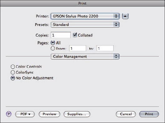 The system Print dialog and Color Management settings.