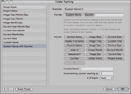 The Folder Naming dialog lets you create or modify folder naming presets.