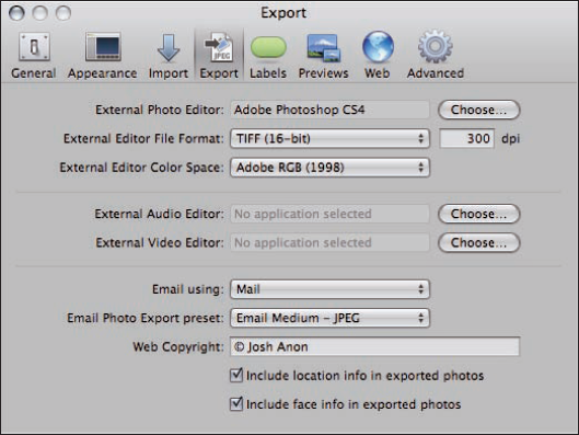 The Export tab in Aperture preferences has options to control how Aperture e-mails images.