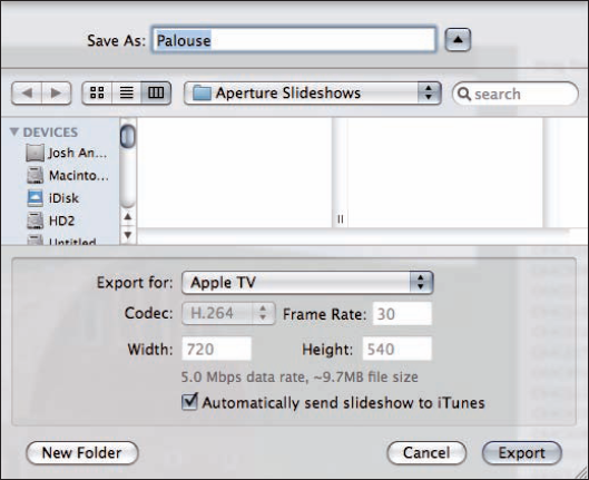 The Export Slideshow dialog allows you to save your slide show as a QuickTime movie.