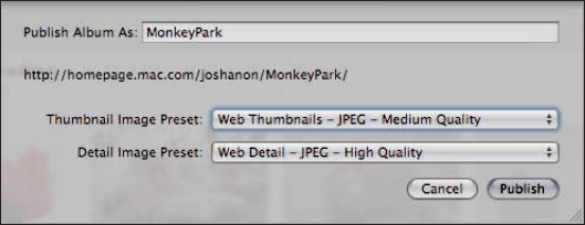 The Publish to MobileMe sheet allows you to export a Web site and upload it to MobileMe with just a couple of clicks.