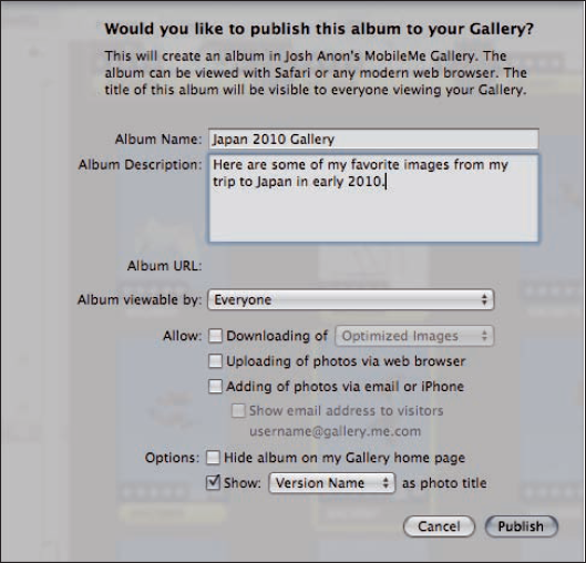 The New MobileMe Gallery Album sheet provides options to set up your gallery.