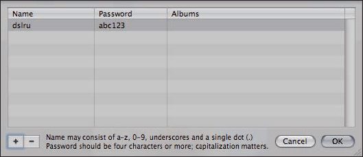 The Edit Names and Passwords sheet lets you add or remove users for your Web galleries. Note that the users in this list are for all your Web galleries, and not just the one you're currently creating.