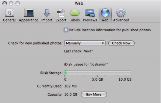 The Web dialog allows you to set how often Aperture checks for updates to a MobileMe Gallery album, among other things.