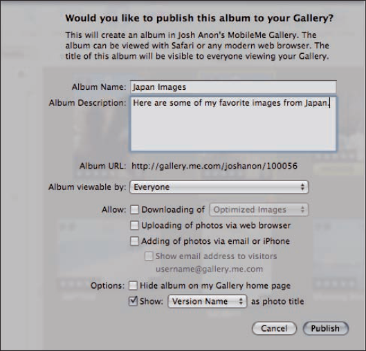 The MobileMe Gallery Album Settings sheet lets you adjust your album's settings after you create your album.