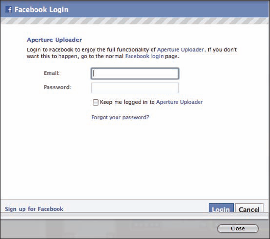 The Facebook Login sheet is where you log in and set up Aperture's access to your Facebook account.