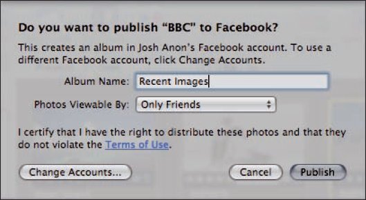 In the New Facebook Album sheet, you can type a name for your album name and determine your privacy settings.