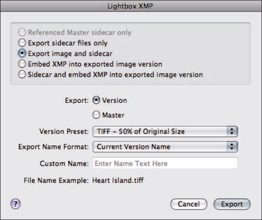 The Lightbox XMP export plug-in allows you more options for exporting XMP metadata with your images than what Aperture provides.