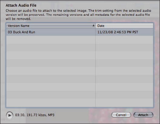 The Attach Audio File sheet lets you pick an audio file to link to the selected image.