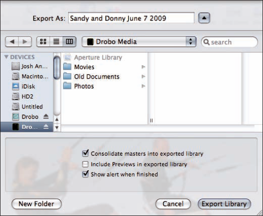 The Export Library sheet contains controls for exporting your project or album as a library.