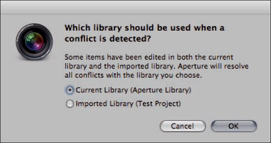 Aperture lets you pick which library's data it should use to resolve any merge conflicts.