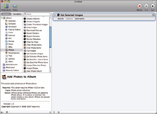 Drag and drop workflow actions from the library on the left to the workflow area on the right.