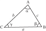 A triangle with its vertices, sides, and angles labeled.