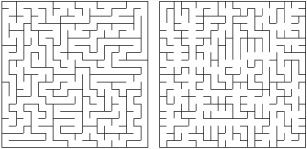 Mazes created using recursive backtracking (left) and Prim’s Algorithm (right).