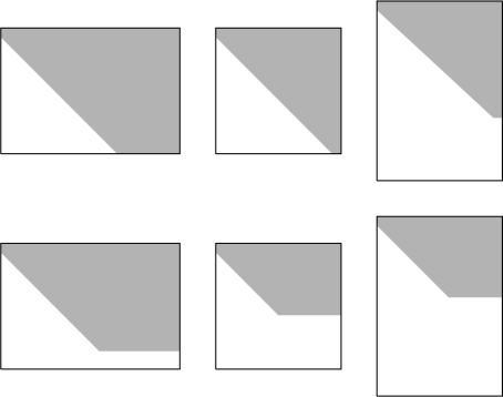Figure showing the three types of matrices: from left to right, m < n, m = n, m > n. Examples of full rank matrices are on the top row, and examples of rank deficient matrices are on the bottom row. In each, gray indicates nonzero entries and white indicates zero entries after forward elimination was performed.