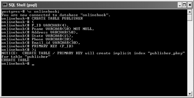 Fig. 18.2 Creating a database, connecting to it, and creating a table