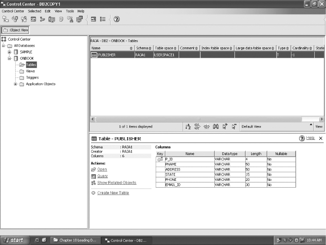 Fig. 18.7 Control Center after creation of ONBOOK database and PUBLISHER table