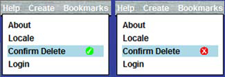Various states of the ToggleMenuItem in the Dashboard example’s Help manu bar. (You show the Confirm Delete functionality as either enabled or disabled.)
