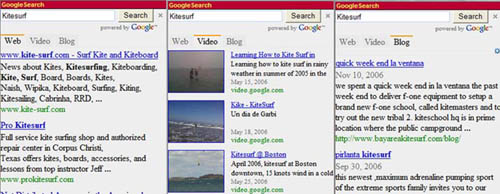 Three views of the Google Search Dashboard application, showing the Web, Video, and Blog Search capabilities on the phrase “Kitesurf”