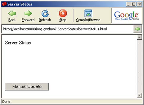 The incomplete shell of the Server Status component example running in the hosted-mode browser